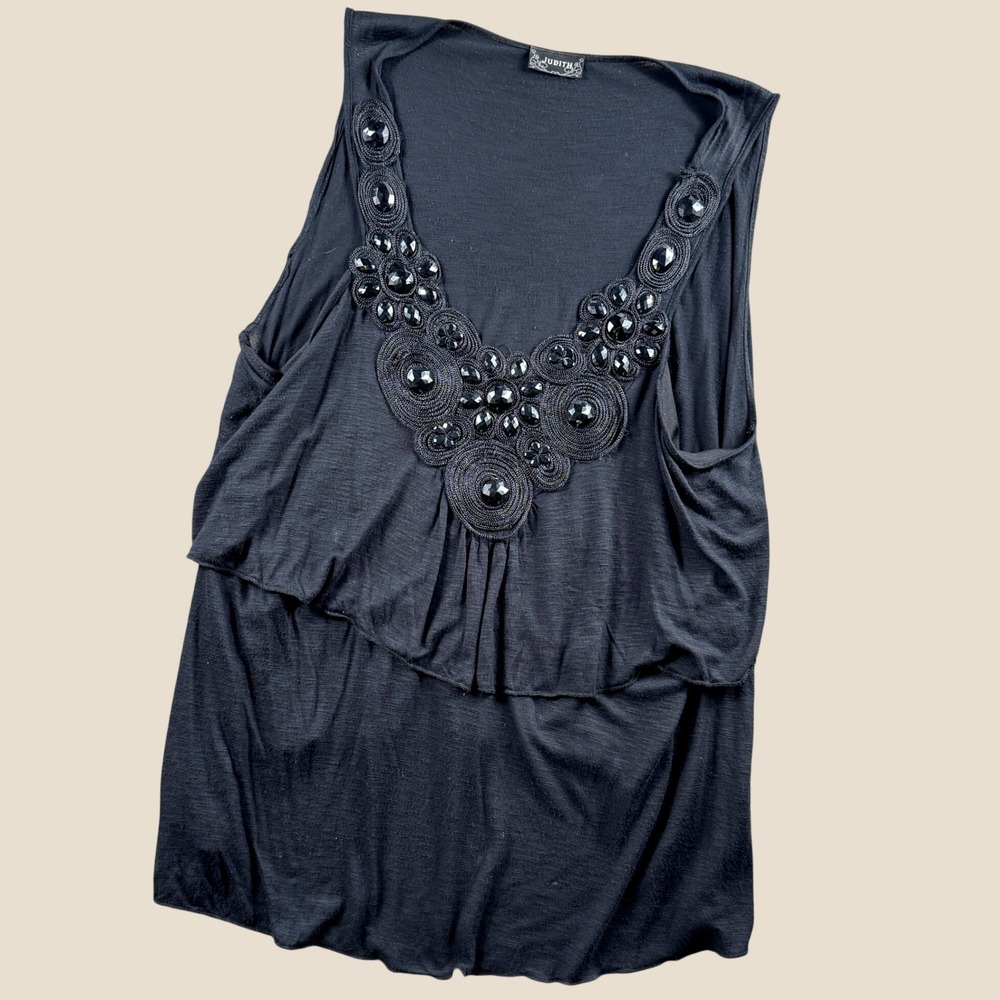 Judith Tank Top Womens 1X Black Beaded V-Neck Tiered Ruffle Layered Whimsigoth